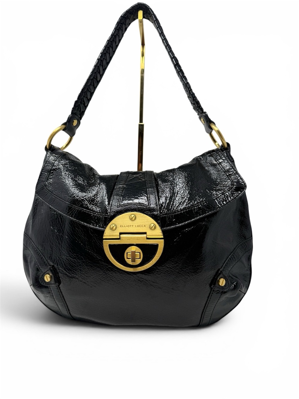 Elliott Lucca Black Patent Leather Hobo Shoulder Bag Braided Strap Gold Turn